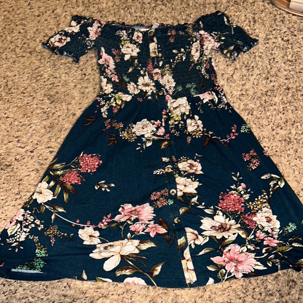 Green dress with pink and red floral design